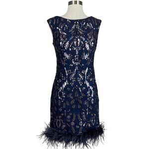 Eliza J Women's Cocktail Dress Size 8 Blue Sequined Sheath With Feather Trim Hem